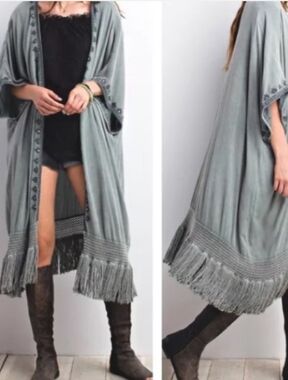 Easel Sage Green Faded Fringe Embellished Embroidered Duster Kimono Cardigan Med